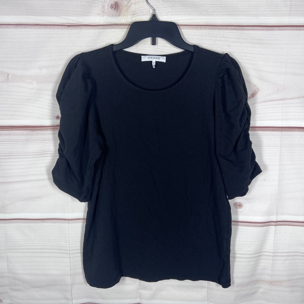 FRAME Puff Sleeve T-Shirt Women XL Black Solid Cotton Tee Round Neck Minimalist